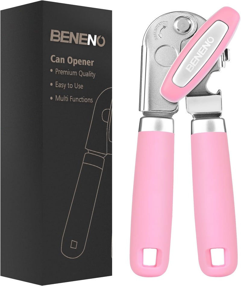 Beneno Heavy Duty Hand Can Opener Manual with Magnet, Durable Sharp Carbon Steel Blade Smooth Cutting, Big Effort-Saving Knob & Soft Grip Handle, Multifunctional Kitchen Tool with Bottle Opener, Pink - Image 1